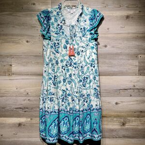 THML Tiered Flutter Sleeve Shift Dress Size Small Blue Floral Paisley Tasseled